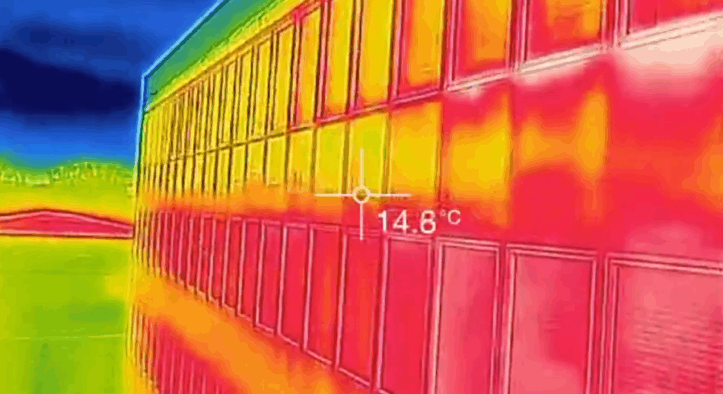 Thermal image of building exterior showing heat loss and water leak